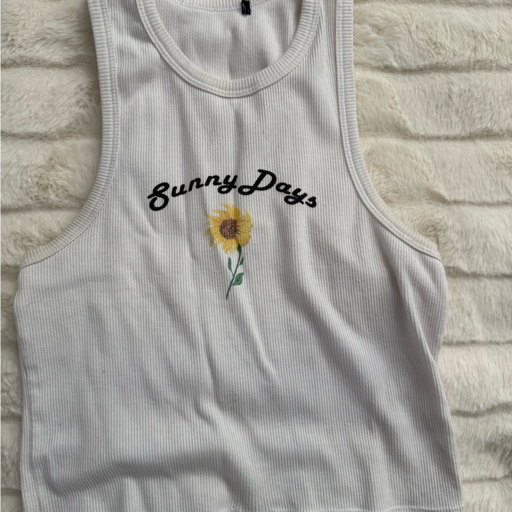 Urban Outfitters White Ribbed Tank with Sunflower Graphic